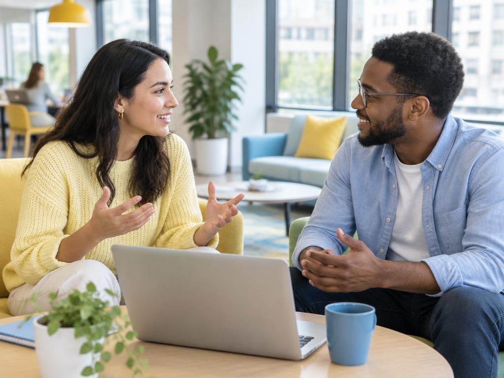 Adults enjoying a conversation beside a laptop